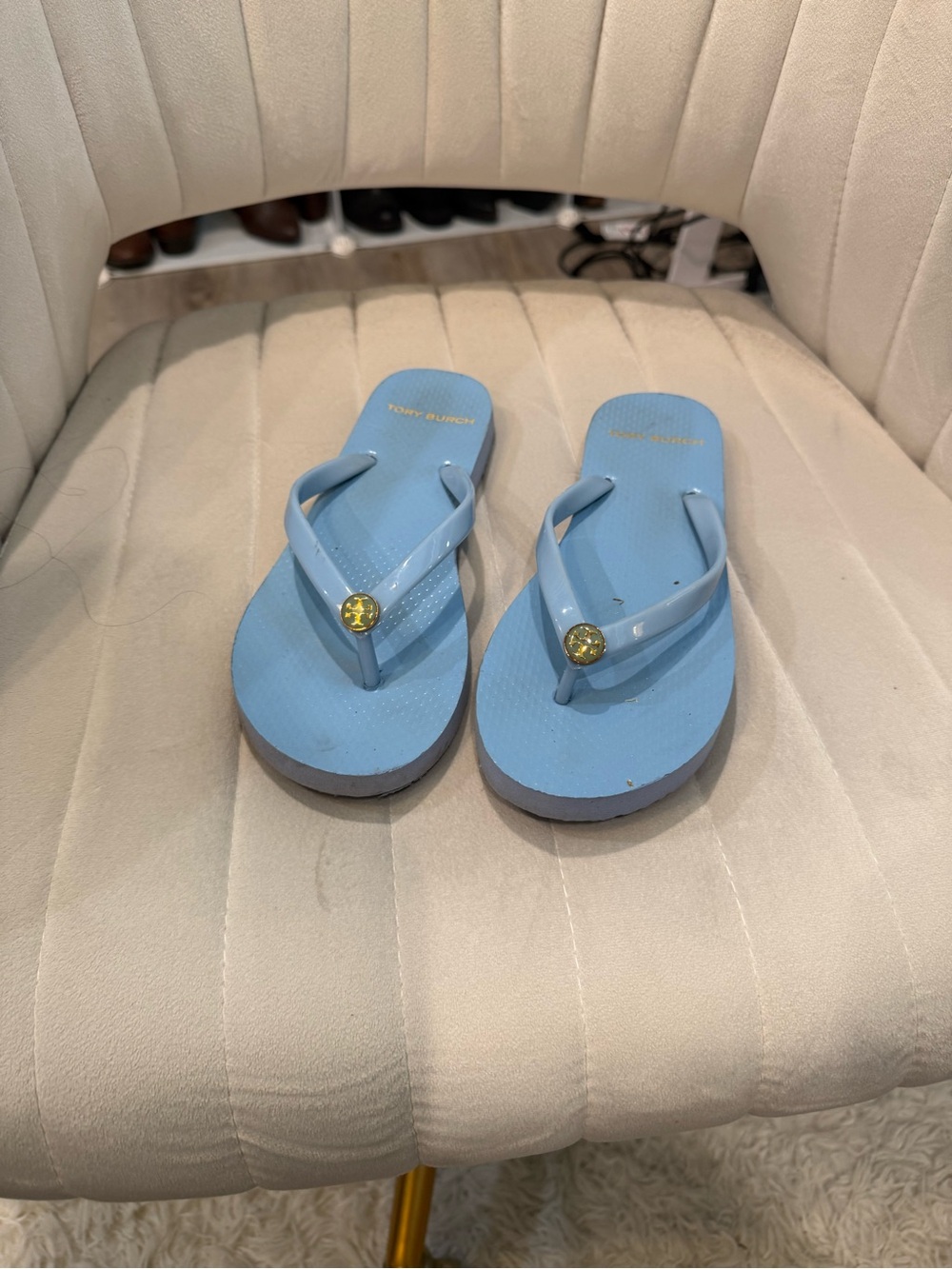 Tory Burch Light Blue Jelly Flip Flop Sandals with Gold Logo